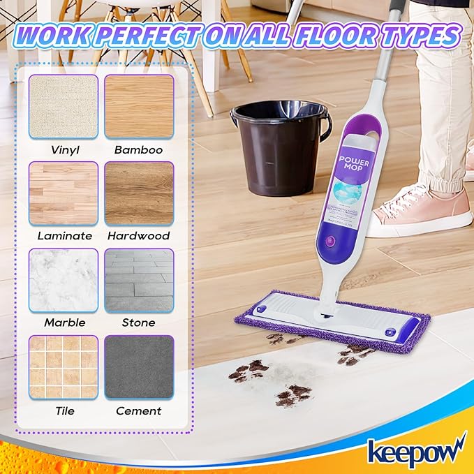 KEEPOW Reusable Pads for Swiffer Power Mop, Refill Pads for Swiffer Power Mop Wood Floor Cleaning, Microfiber Mop Pads for Hardwood Floors (2 Pack)