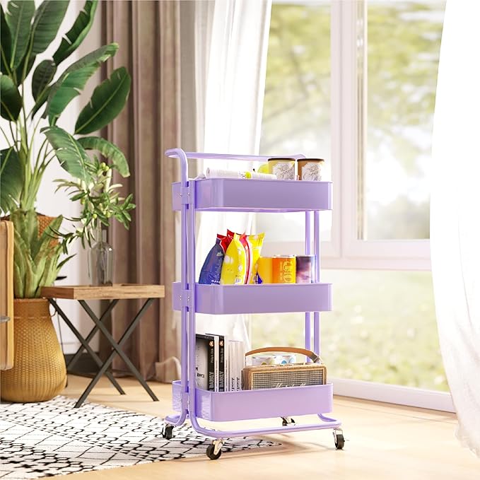 Metal Rolling Storage Cart, 3-Tier Utility Cart with Wheels, Multifunctional Organizer Storage for Kitchen, Bedroom, Office, Laundry Room, Dorm Room Essentials (Purple)
