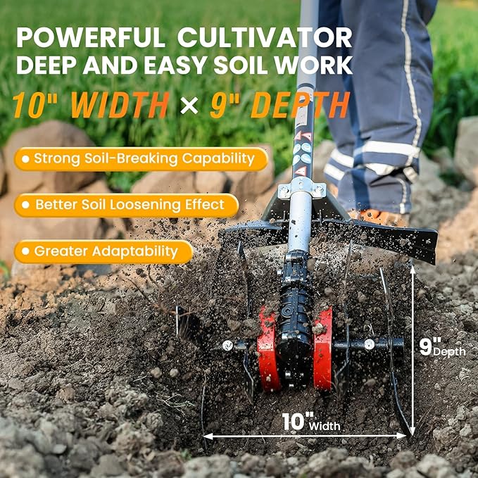 Cordless Tiller Cultivator, 21V 450RPM Electric Tiller with Battery Level Display, 2 * 4.0Ah Batteries & Charger, Tiller for Gardening, Lawn, Soil (Cultivation Width 10"/ Depth 9")