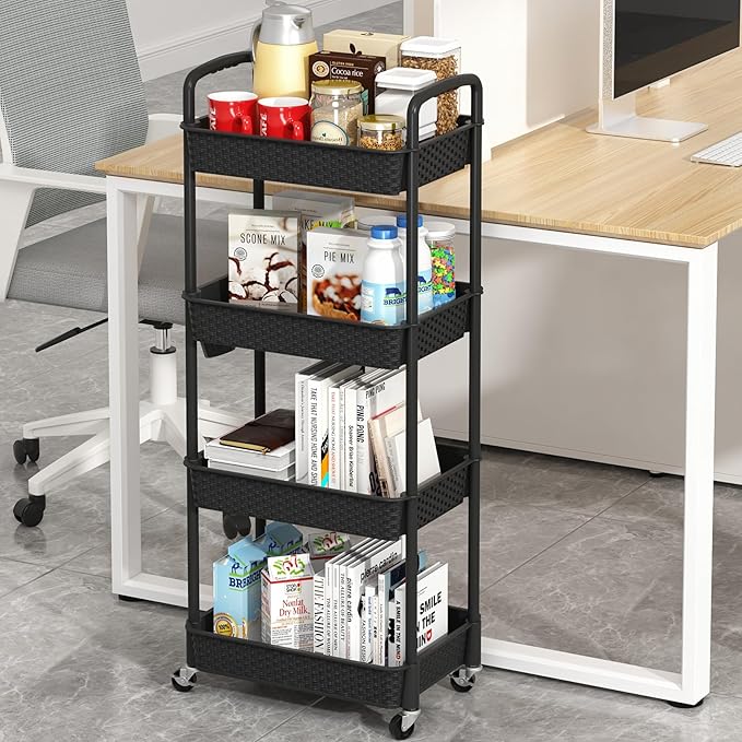 MOYIPIN 4-Tier Plastic Rolling Utility Cart with Handle,Utility Storage Cart for Office, Living Room, Kitchen,Movable Storage Organizer Shelves,Black