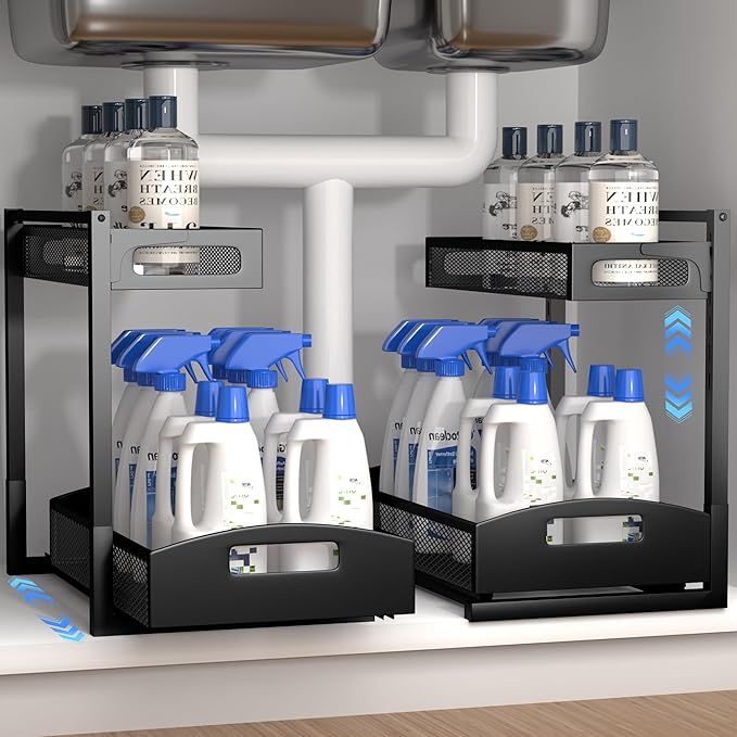 Under Sink Organizer,2 Pack Height Adjustable Under Sink Organizers and Storage, 2 Tier Under Sink Storage for Kitchen Bathroom Cabinet