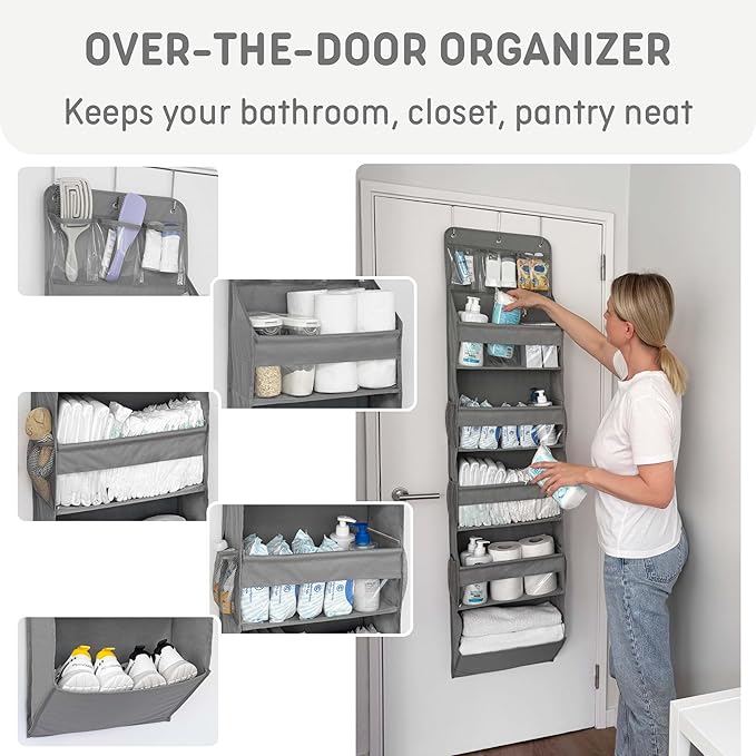 Heavy Duty Over The Door Organizer Hanging Storage – 6-Tier Behind The Door Storage with 5 Large, 6 Side & 3 PVC Pockets – 50 lbs Hanging Organizer for Closet, Nursery, Bathroom – 1 Pack, Gray