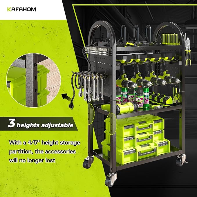 KAFAHOM Power Tool Organizer Cart with Charging Station,Garage Floor Rolling Storage on Wheels for Mechanic,Mobile 8 Drill Holder, Utility Cart with Battery Charging 8 Outlet Power Strip