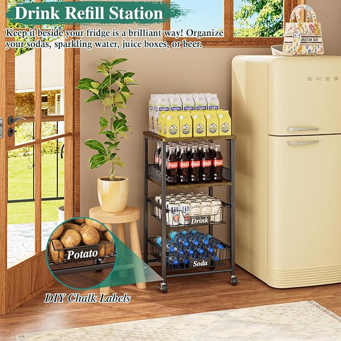 4-Tier Small Kitchen Storage Cart on Wheels, Rolling Pantry and Snack Organizer Cart with Pull-Out Baskets & Wood Top, Utility Kitchen Fruit Basket Stand for Fruit Potato Onion Vegetable Snack