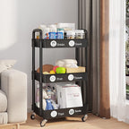 UDEAR 3-Tier Rolling Utility Cart with 12 Category Labels,Multifunctional Comagtable Rolling Shelving with Handle and Lockable Wheels for Room,Office,Kitchen,Bathroom,Black