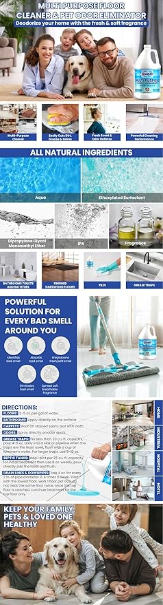Multi-Purpose Cleaner & Deodorizer Pet Odor Eliminator, Multi-Surface Cleaner Concentrate for Floor, Carpet, Hardwood, Tile - Ocean Breeze Scent, pH Neutral, Mop Cleaning Solution (1 Gallon)