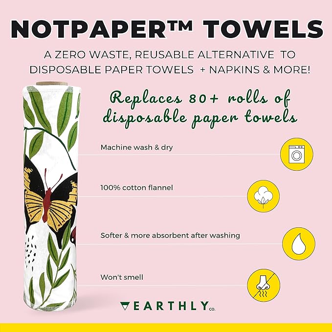 Reusable Paper Towels - 10 Pack - Roll of Washable Cotton Cloth Paper Towels - Paperless Reusable Napkins Cloth Washable - Absorbent + Long Lasting - Zero Waste Products - (Butterfly)
