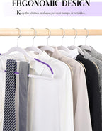 HOUSE DAY Plastic Hangers 100 Pack, White Clothes Hangers with Non Slip Purple TPR Grip, Heavy Duty Coat Hanger with 360º Swivel Hook, Slim Hanger Space Saving for Closet, Ideal for Shirt, Suit, Pant