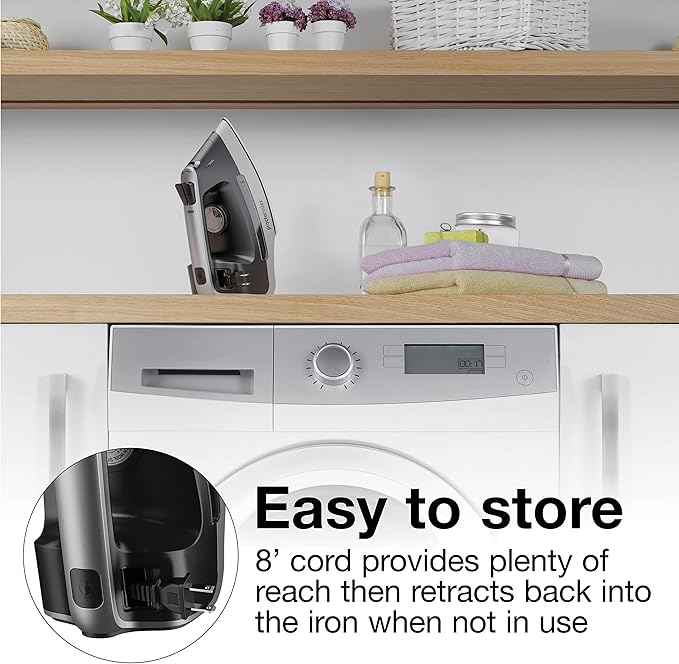 Proctor Silex Steam Iron for Clothes with Durable Stainless Steel Soleplate, 1500 Watts, 8’ Retractable Cord, 3-Way Auto Shutoff, Anti-Drip, Gray and Black (14250)