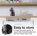 Proctor Silex Steam Iron for Clothes with Durable Stainless Steel Soleplate, 1500 Watts, 8’ Retractable Cord, 3-Way Auto Shutoff, Anti-Drip, Gray and Black (14250)