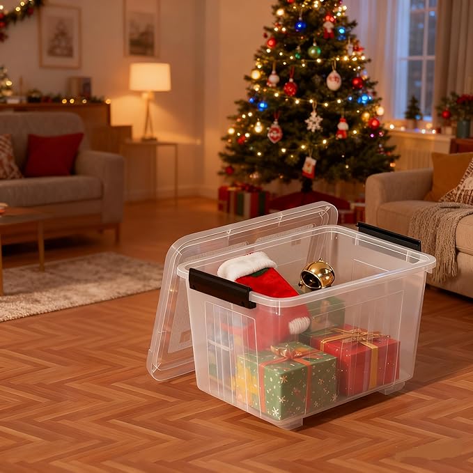 Zopnny 50 Qt Stackable Plastic Storage Bins with Lids, 4 Pack - BPA-Free, See-Through Organizing Solution, Latches, Wheels, Durable Nestable Containers, Clear
