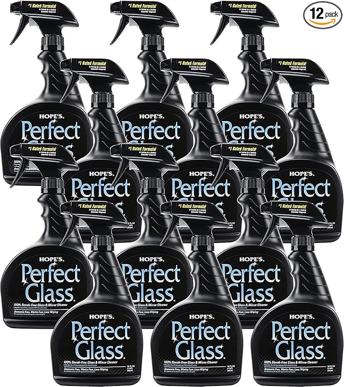 HOPE'S Perfect Glass Cleaner Spray, Streak-Free, Ammonia-Free Window, Mirror, Screen, Tinted Glass, and Shower Door Cleaner, Indoor and Outdoor Glass Surfaces, 32 Fl Oz, Pack of 12