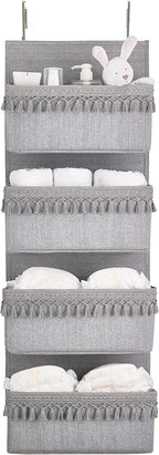 Dahey Over The Door Organizer Boho Nursery Storage Decor Closet Hanging Organizer with Tassels Decoration for Bedroom Nursery Bathroom Apartments Dorm Pantry, 4 Pockets, Grey