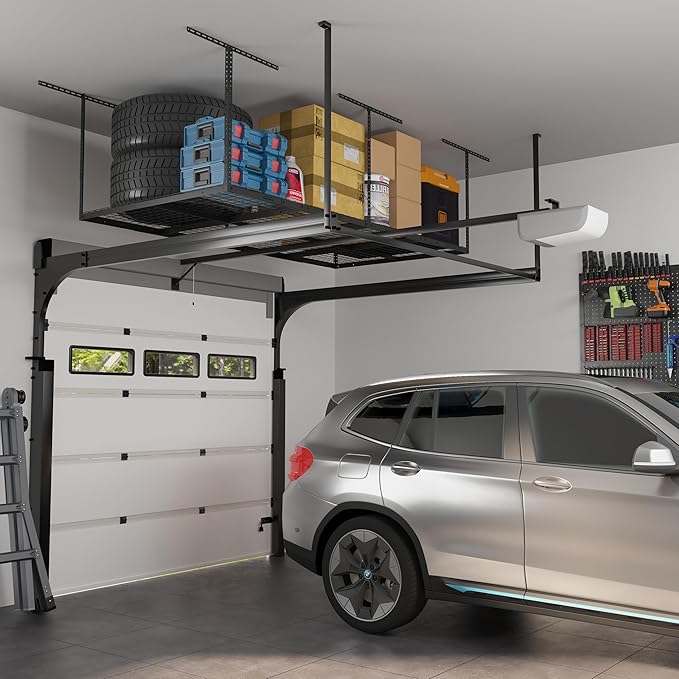 FLEXIMOUNTS 4x8 Overhead Garage Storage Rack, Adjustable Garage Storage Organization System, Heavy Duty Metal Garage Ceiling Storage Racks, 600lbs Weight Capacity, Black