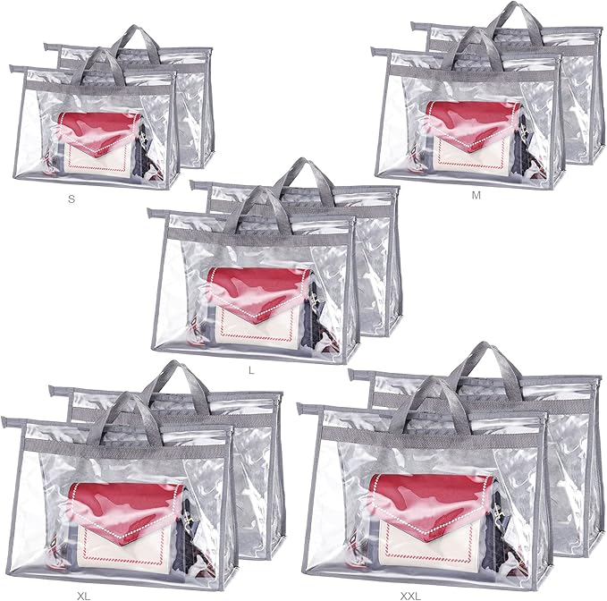 LASZOLA 10Pcs Clear Handbag Storage Organizer Dust Cover Bags, 5 Sizes Transparent Purse Protector Storage Bag with Zipper and Handle for closet shelf, Dustproof and Moistureproof, Grey