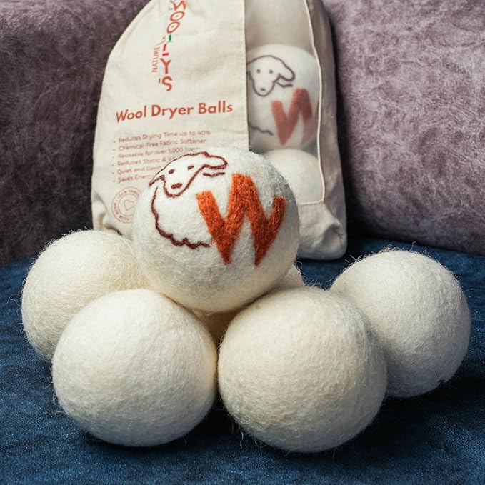 Woolly’s Wool Dryer Balls (Pack of 6) | 100% Pure New Zealand Wool | Reduces Drying Time up to 40% | Chemical-Free Fabric Softener (6)