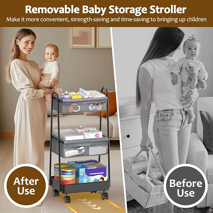 3 Tier Rolling Cart - Baby Diaper Caddy Organizer, 3 Tier Utility Cart Newborn Baby Nursery Essentials, Large Capacity, Easy to Assemble, Storage for Bedroom, Changing Table & Crib
