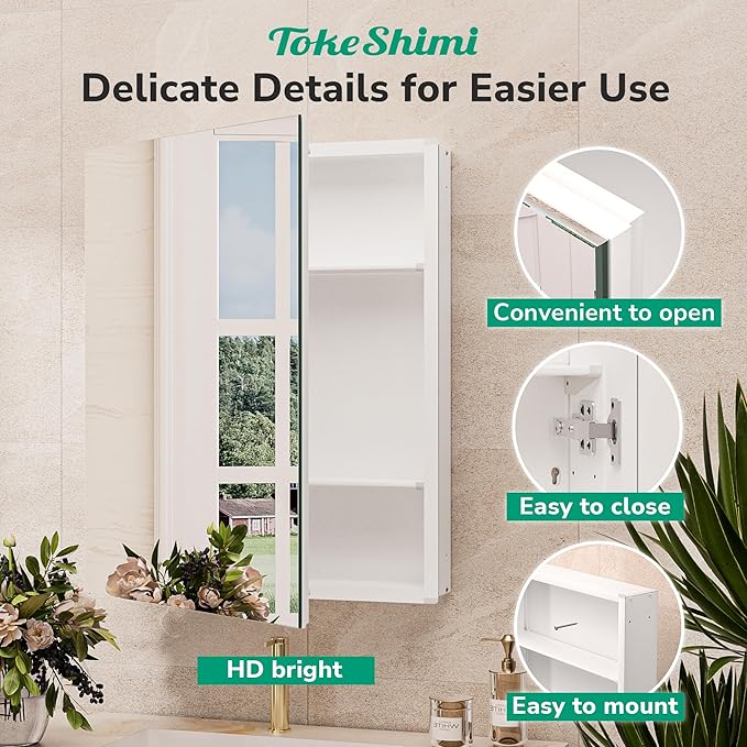 TokeShimi 36x24 Medicine Cabinet Mirror with Storage Tempered, Aluminum Surface Mount or Recessed Medicine Cabinet White with Adjustable Shelves for Bathroom Wall Cabinet Farmhouse