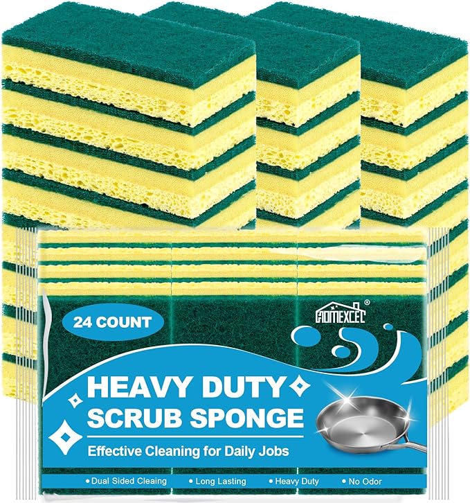 HOMEXCEL Sponges Kitchen 24pcs, Heavy Duty Sponges for Dishes, Scrub Cleaning Sponge for Non-Coated Cookware, Dishes, Pots, Pans, Dual Sided Dish Sponge for Kitchen, Household, Bathroom and More