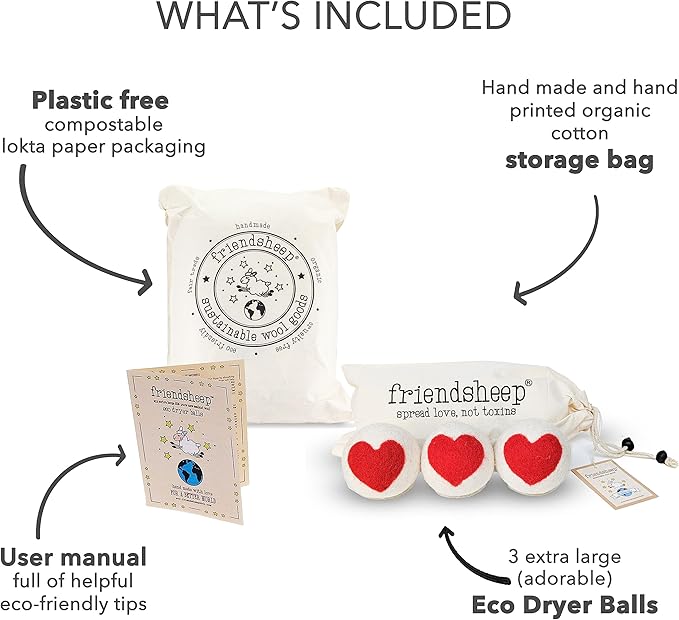 Friendsheep Wool Dryer Balls, Organic Reusable Fabric Softener Alternative for Laundry, Handmade, Fair Trade, Hypoallergenic, Eco-Friendly, Plastic-Free (3 Pack XL – Red Heart)