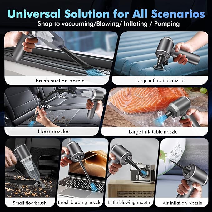 80,000RPM Cordless Car Vacuum & Air Duster 4-in-1 High Power 20000PA Handheld Blower/Pump with Brushless Motor, LED Power Display, 3 Speed for Home/Camping/Pet Hair (Silver)