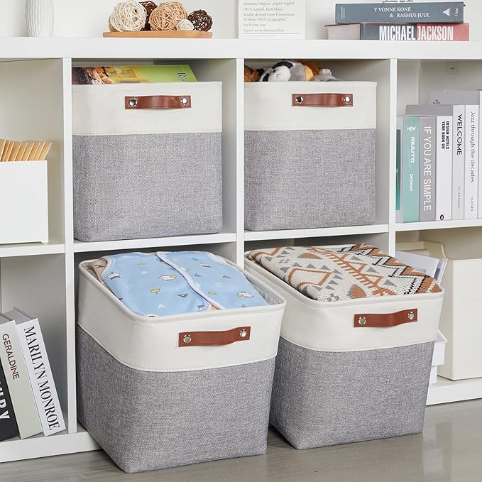 HNZIGE Storage Basket(4 Pack) Fabric Baskets for Organizing Clothes Closet,Towels,Cube Storage Bins,12x12 Storage Cube basket with Handles for Shelves,Toys,Blankets,Office,Room Storage(White&Grey)