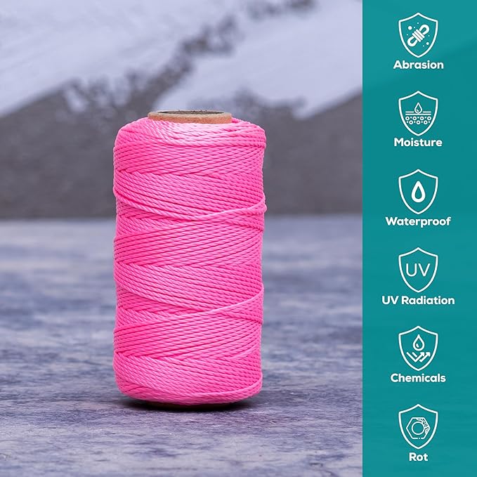 Pink Mason Line String – 393ft, 1.3mm Thick Twisted Polypropylene – Durable Construction Twine for Laying Bricks, Blocks, Fences in Gardening, DIY & Landscaping Projects