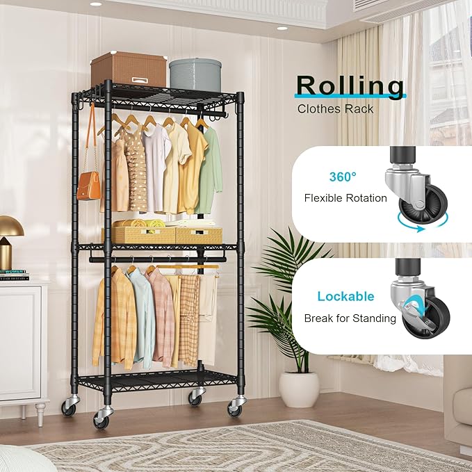 P3 Mini Rolling Clothes Rack, Clothing Racks for Hanging Clothes, Heavy Duty Garment Rack with Wheels, Freestanding Portable Closet Rack 23.6'' W x 14'' D x 78.5'' H, Max Load 430 Lbs, Black