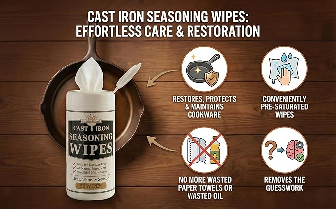 Cookware Care Cast Iron Seasoning Oil Wipes, 100 Wipes, Made in USA with Grapeseed Oil for Cast Iron Skillet, Blackstone Griddle (2 pack)
