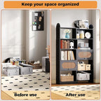 IRONCK 6 Tier Bookshelf and Bookcase with 2 Rattan Design Flip-top Storage Cabinets, 8 Cube Bookcases Display Storage Shelves Organizer for Living Room, 43.3" Black