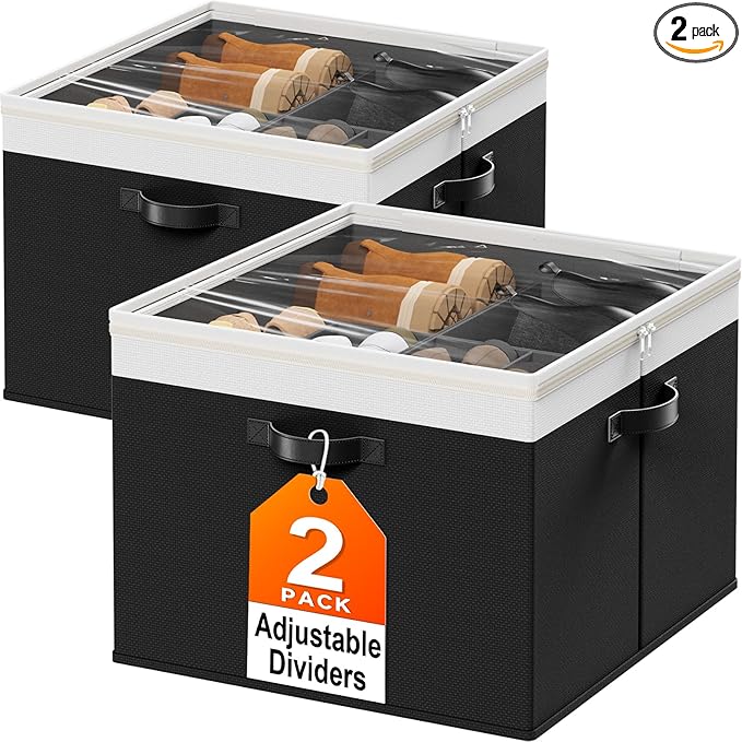 StoreHappily Shoe Organizer for Closet - 2 Packs Hold up to 32 Pairs, Large Shoe Storage Organizer Containers with Adjustable Dividers, Clear Cover, Leather Handles for Heels, Boots, Sneakers (Black)