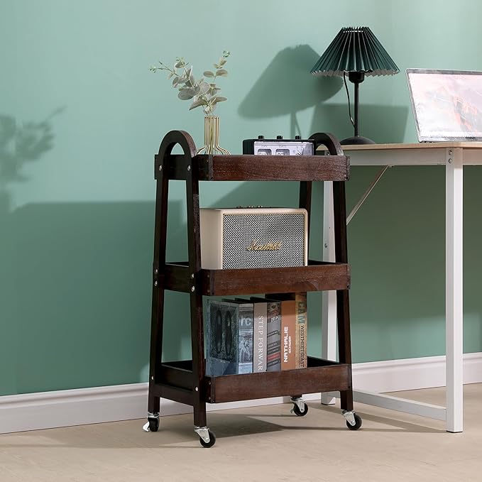 3 Tier Rolling Craft Cart Slim Rolling Storage Cart Wooden Cart on Wheels Bathroom Organizer Rolling Utility Cart Mobile Shelving Unit for Kitchen Bathroom Laundry Narrow Places (Black)