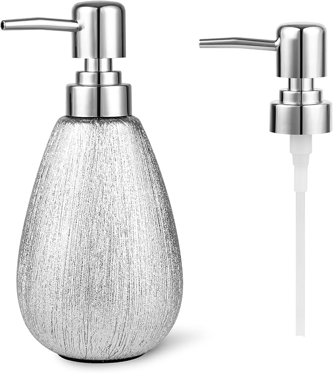 Brushed Silver Ceramic Soap Dispenser, 11 oz Textured Hand or Dish Soap Dispenser with Silver Plastic Pump for Bathroom or Kitchen Countertop