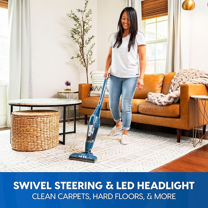 Vacmaster Portable 10.8V 2-in-1 Cordless Stick Lightweight Vacuum Cleaner with 2-Speed Power Control and LED Headlight for Hardwood Floor, Carpet & Pet Hair, Blue