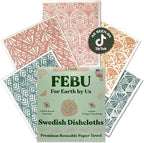FEBU Swedish Dishcloths for Kitchen | 5 Pack Stamps Reusable Paper Towels Washable | Swedish Dish Towels | Non-Scratch Cellulose Sponge Cloths | No Odor, Biodegradable Cleaning Cloths