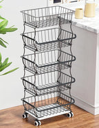 5 Tier Fruit Basket for Kitchen, Stackable Bins Wire Rack with Wheels, Fruit and Vegetable Storage Basket Pantry Food Snack Organizer Shelf, Kitchen Storage Cart for Onion and Potato, Produce