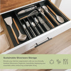Premium Silverware, Flatware and Utensil Organizer for Kitchen Drawers, Food-Safe Contract Grade, Expandable from 14.5 to 25 In, Black Bamboo