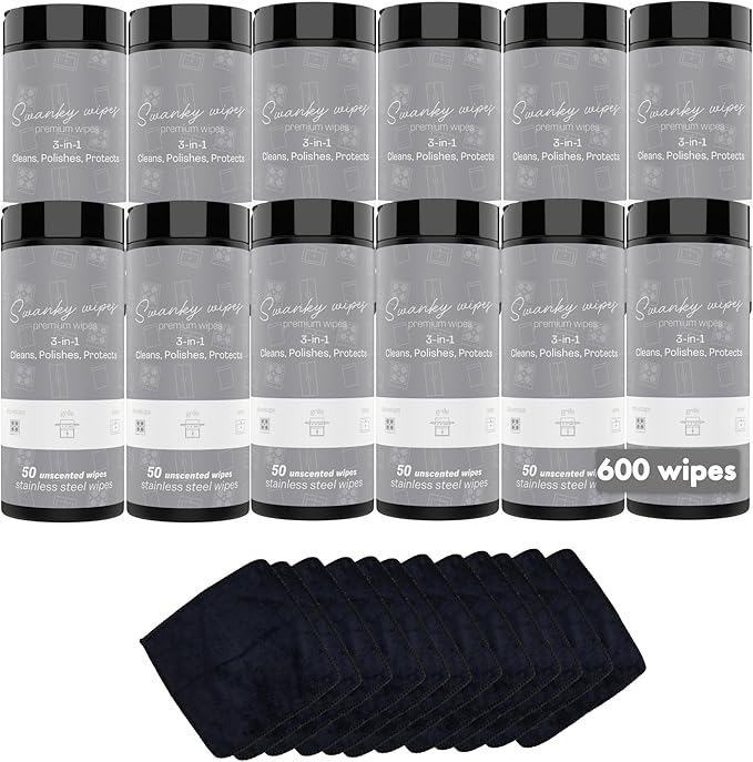 Swanky Stainless Steel Cleaner Wipes - Grime & Grease Remover Kitchen Cleaning Supplies - Clean & Shine, For Stove Top, Refrigerator, Sink, Oven, & Household Appliances - Canister, 600 Count