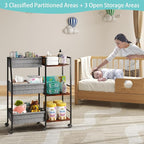 Baby Diaper Caddy Organizer Cart, 3-Tier Rolling Wheels Cart with Dividers and Shelves, Bedside Utility Cart for Nursery Essentials, Large Capacity Mobile Storage Cart for Crib, Bedroom