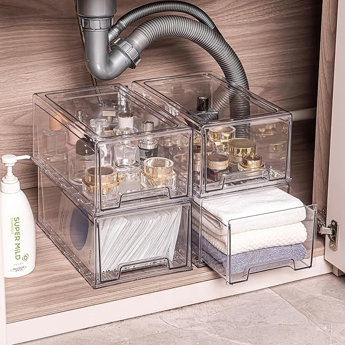 2 Pack Stackable Pull-Out Storage Drawers，Plastic Clear Organizer Bins with Handles，Easily Clean for Craft, and Toy Organization，Kitchen Undersink，Cabinet，Fridge，Closet，Pantry，Office，Bathroom