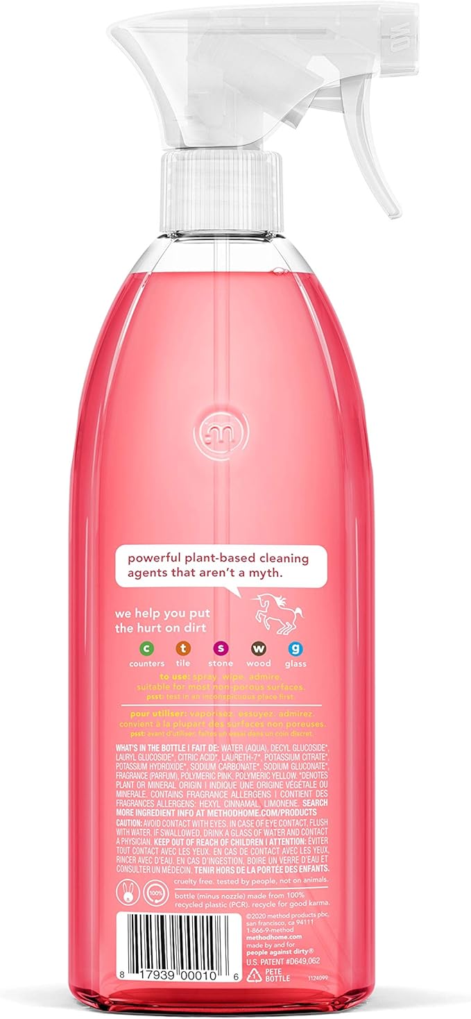 Method All-Purpose Cleaner Spray, Pink Grapefruit, Plant-Based and Biodegradable Formula Perfect for Most Counters, Tiles and More, 28 Fl Oz, (Pack of 4)