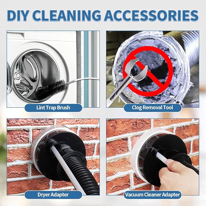Bluesea 7 Pieces 35 Feet Dryer Vent Cleaner Kit, Reinforced Nylon Dryer Vent Cleaning Kit, Durable Dryer Vent Brush Vacuum Attachment with Flexible Lint Trap Brush, Vacuum & Dryer Adapters Upgrade