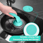 HAUSHOF Cast Iron Scrubber with Long Handle, Chainmail Scrubber Cast Iron Cleaner for Pan, Kitchen Cleaning Kit for Grill, Dutch, Oven