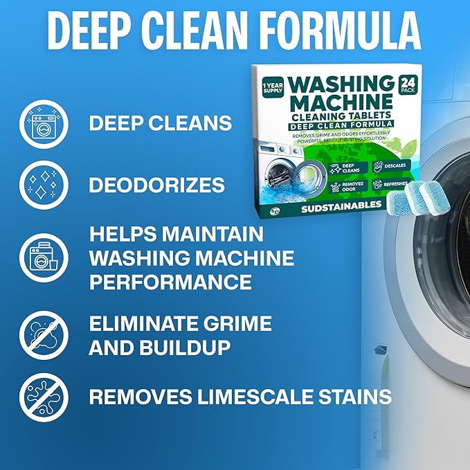 Sudstainables Washing Machine Cleaner Tablets (24-Pack) – Deep Clean Odor & Residue Remover for Front & Top Load Washers, HE & Septic Safe Washing Machine Tub Cleaner for Long-Lasting Freshness