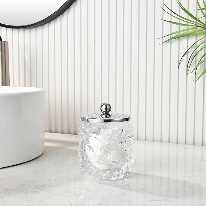 Clear Transparent Apothecary Floral Embossed Glass Jar With Silver/Chrome Metal Lid Cover for Bathroom Organization, Cotton Balls, Q Tips, and Small Accessories, Bathroom Storage