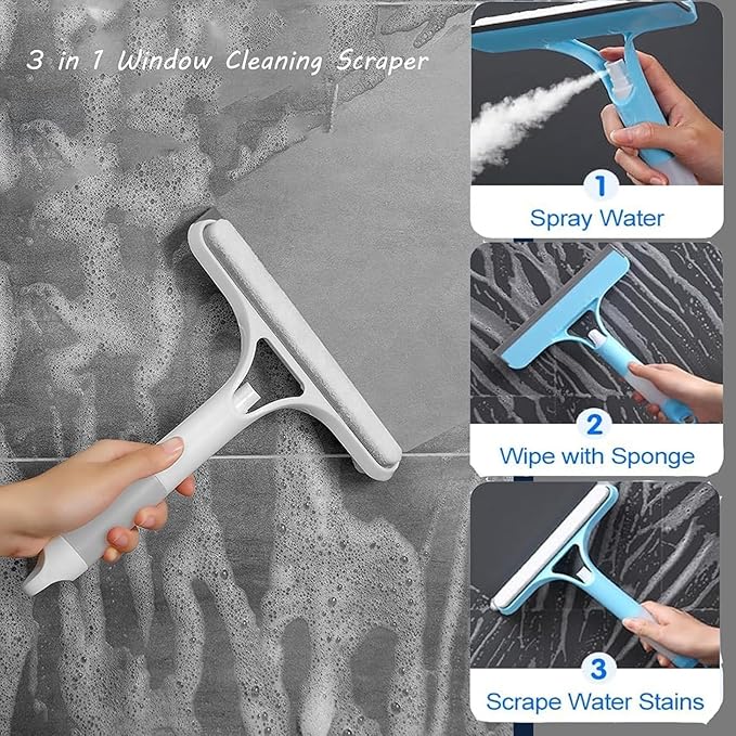 3 in 1 Window Cleaning Scraper,Window Squeegee Cleaner Tool with Built-in Spray Bottle for Car Home Windows Glass and Tiles Et (White)
