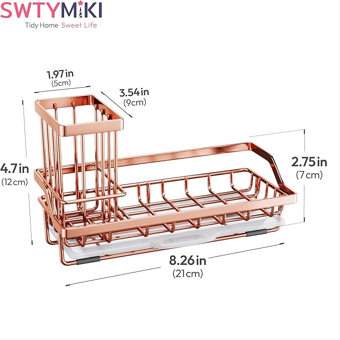 SWTYMIKI Sink Caddy Kitchen Sink Organizer with Detachable Brush Holder, Stainless Steel Sponge Holder with Removable Drip Tray Sponge Caddy for Kitchen Countertop, Rose Gold