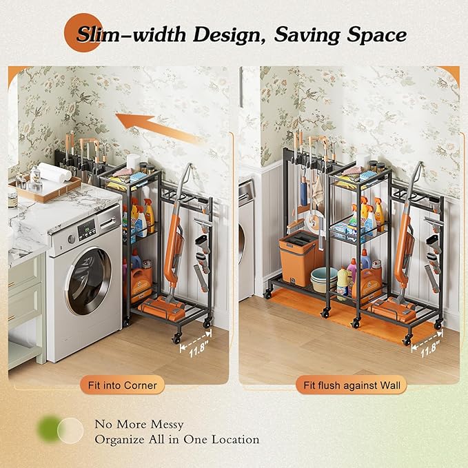 Broom Holder with Cleaning Supplies Organizer, Broom Closet Storage Cabinet with Cleaning Caddy Vacuum Stand, Cleaning Cart with Mop Hanger Gripper Rack Hook, Laundry Room Organization Home Essentials