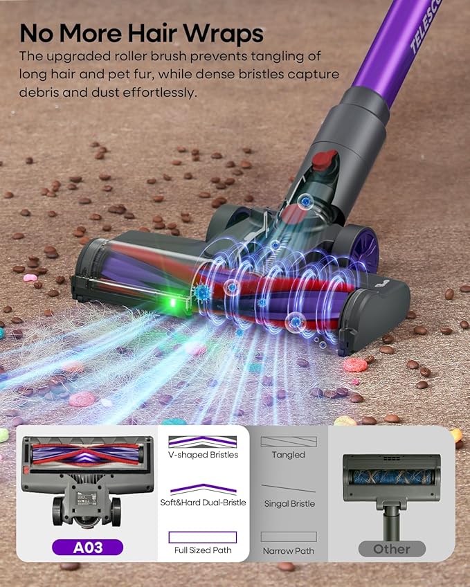 Cordless Vacuum Cleaner 45KPA, Up to 60mins Runtime Lightweight Powerful Suction Vacuum Cleaners for Home, 3 Suction Modes, Rechargeable Stick Vacuum for All Floor/Carpet/Pet Hair/Car, A03