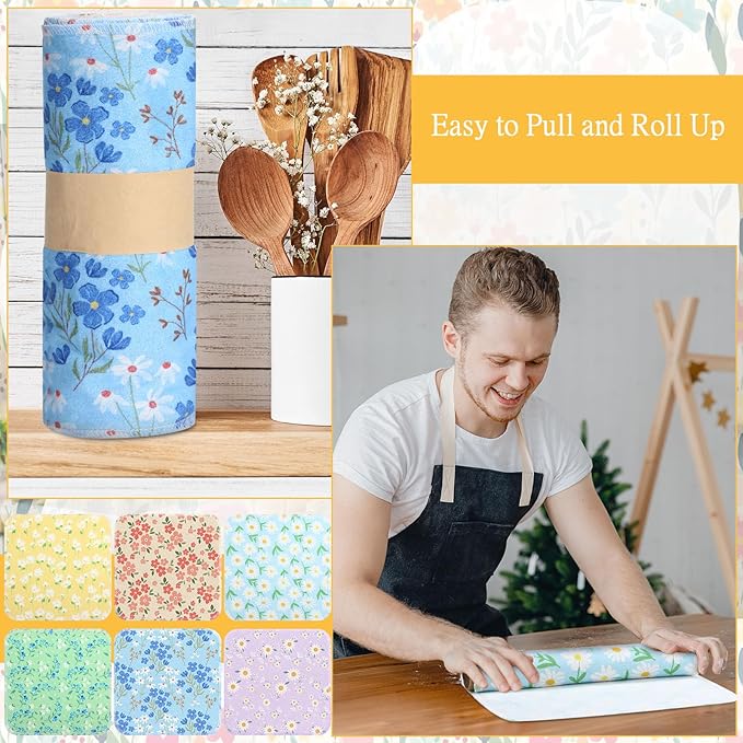 Tiamon 24 Pcs Reusable Paper Towels Roll Daisy Kitchen Towels Floral Absorbent Cotton Cloth Dishtowels Paperless Wildflower Hand Dish Cloths for Home Kitchen Bathroom Cleaning Housewarming Napkins